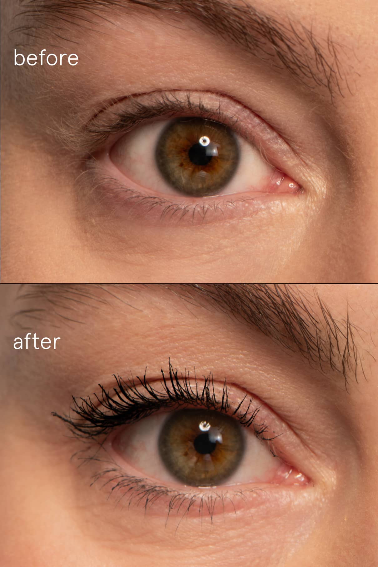 Seite-an-Seite-Vergleich eines menschlichen Auges vor und nach der Anwendung von Infinite Lash; das Auge davor hat kahle Wimpern, das Auge danach zeigt deutlich dunklere, vollere Wimpern mit mehr Definition und Länge.