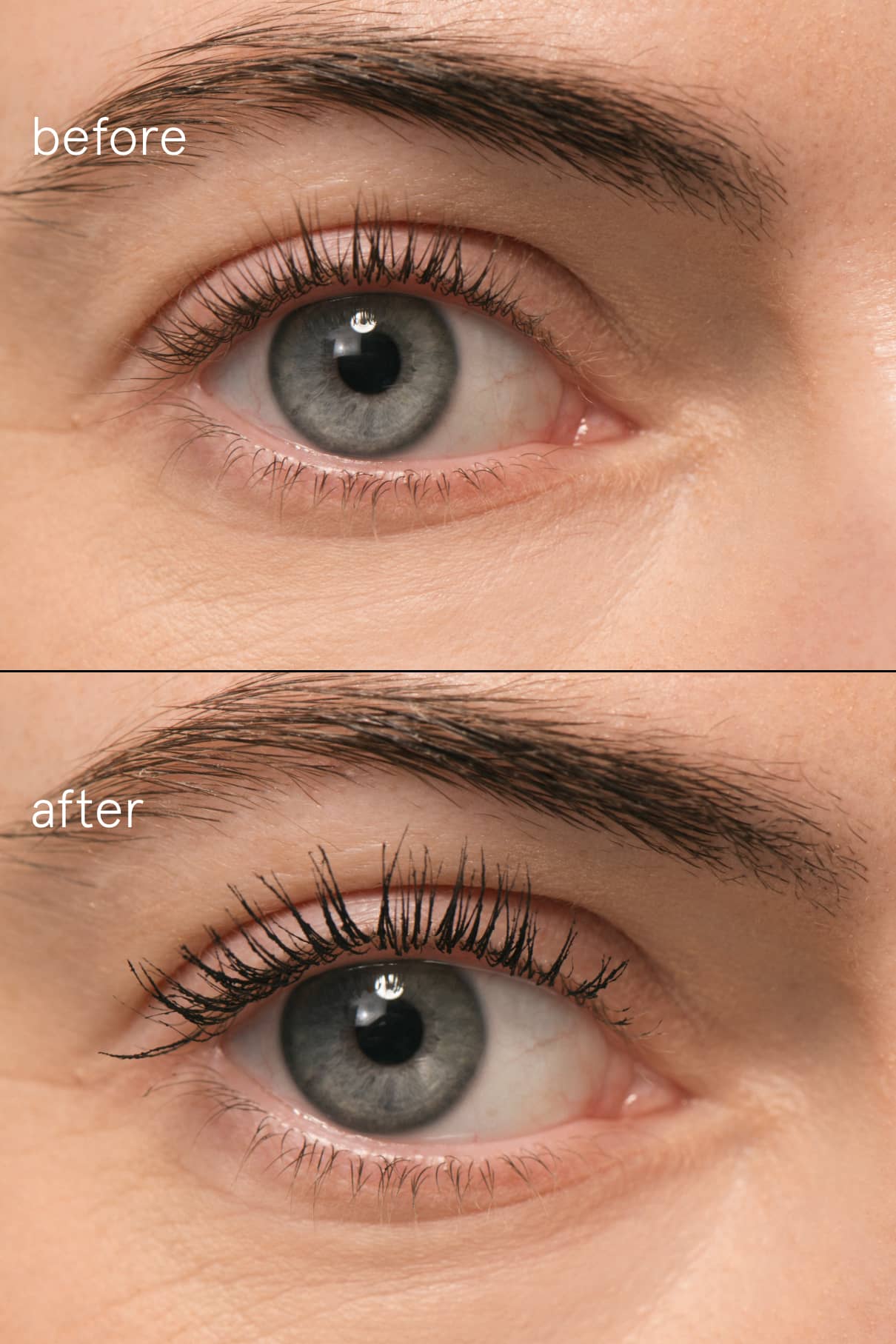 Nahaufnahme eines Auges in zwei Bildern: Das obere Bild zeigt die natürlichen Wimpern, während das untere Bild die mit unserem Lash Duo verstärkten Wimpern zeigt.