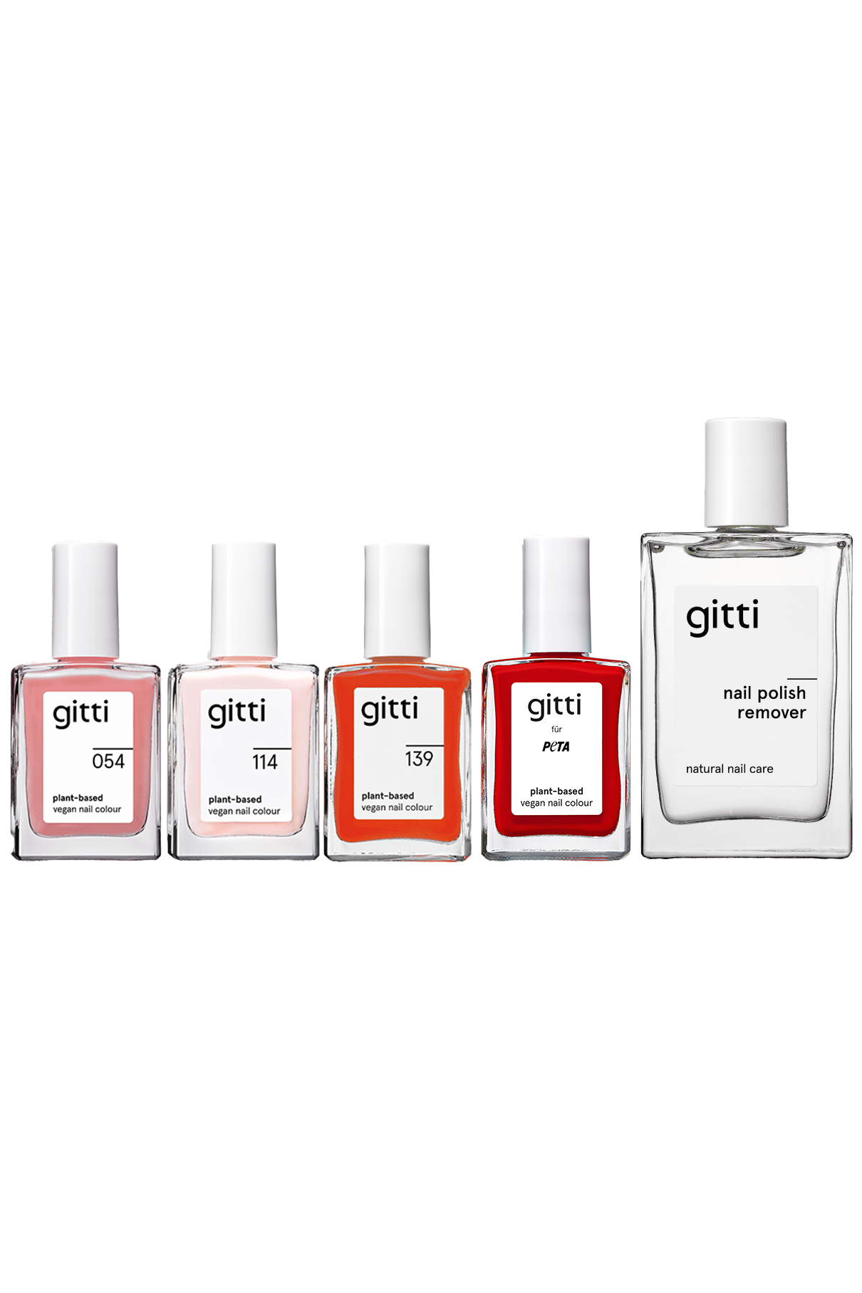 Fünf Fläschchen aus der „Plant Collection + Remover“-Serie stehen nebeneinander; vier davon enthalten Nagellacke in Rosa-, Rot- und Orangetönen aus dem Nagellack-Set, während das fünfte ein Nagellackentferner ist. Alle Fläschchen haben weiße Verschlüsse und durchsichtige Etiketten.