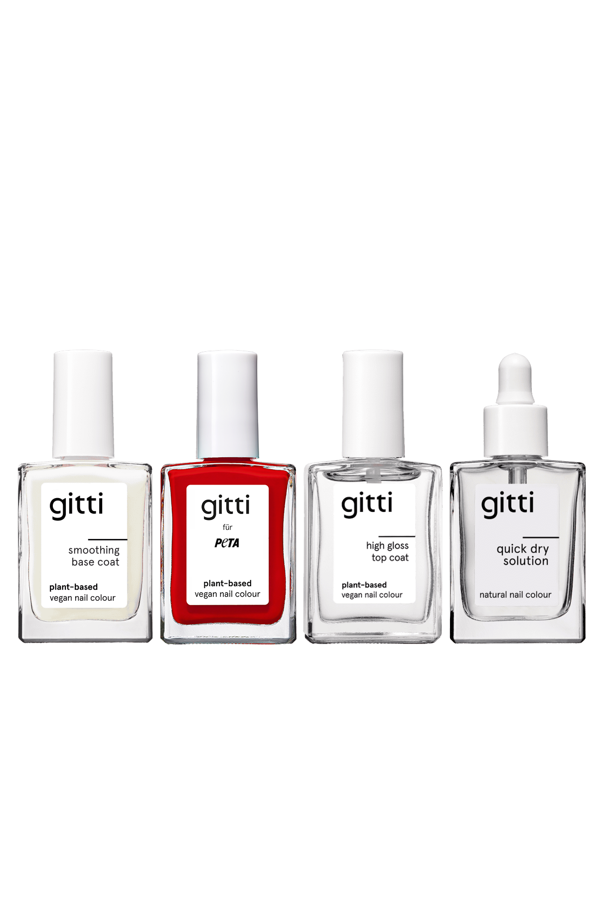 Vier Flaschen aus dem „Quick Dry Routine“-Set – bestehend aus einem glättenden Unterlack, einer leuchtend roten Nagelfarbe, einem Hochglanz-Überlack und einer Schnelltrocknungslösung – sind nebeneinander auf einem weißen Hintergrund angeordnet.