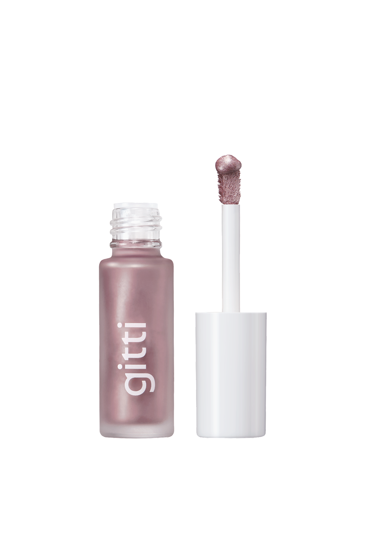 Eine offene Tube des Halo Eyes no. 04 mauve, Rosé-inspirierter flüssiger Lippenstift mit weißer Kappe und Applikatorstab; der Markenname gitti erscheint auf der Flasche und verleiht ihr einen Hauch von lichtreflektierender Eleganz.