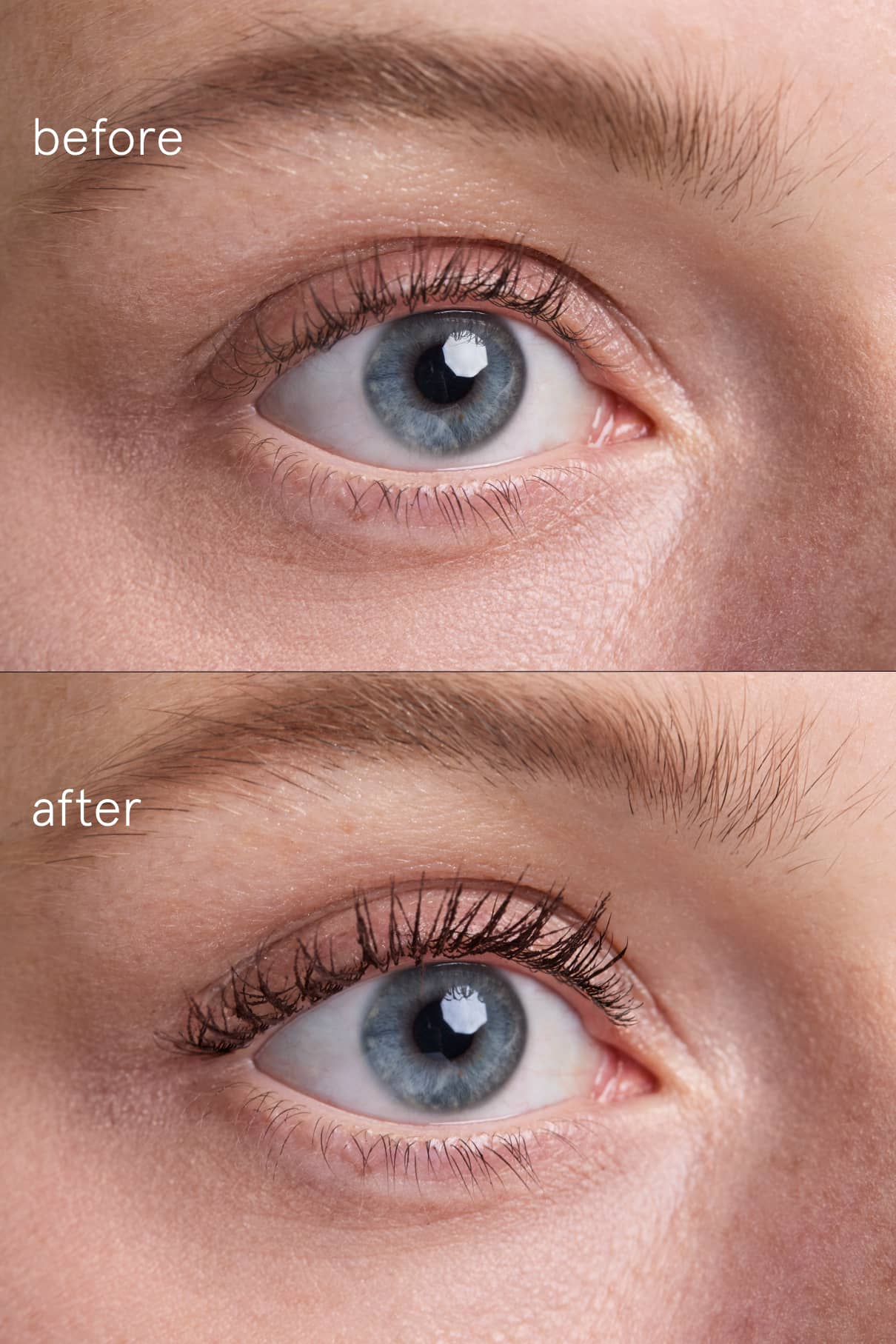 Nahaufnahme eines blauen Auges in Vorher- und Nachher-Bildern, die die Definition und Länge der Wimpern mit Infinite Lash Nr. 02 demi-matte mascara hervorheben.
