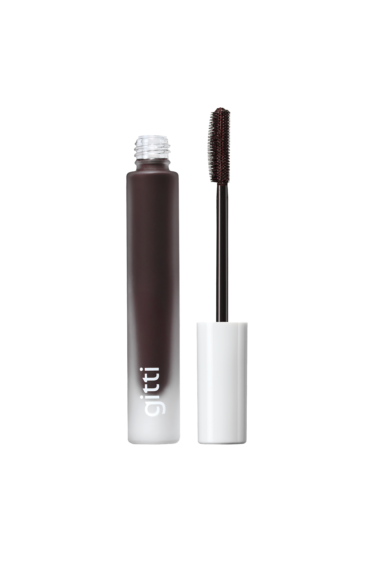 Eine Tube dunkelbrauner demi-matter Mascara, Infinite Lash Nr. 02, mit weißer Kappe und offenem Zauberstab daneben. Auf der Tube ist die Marke gitti abgebildet, die für Länge und Definition der Wimpern sorgt.