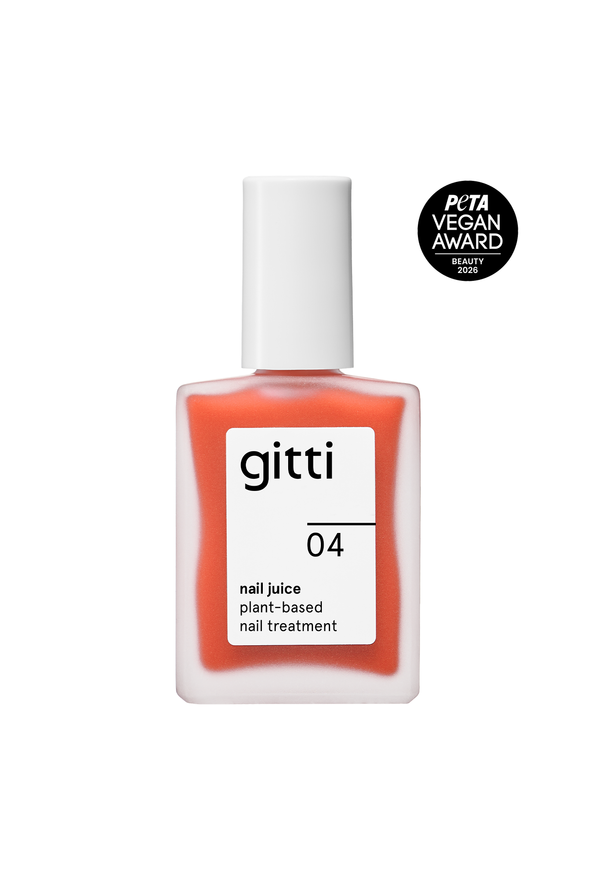 gitti Nail Juice No 04 bottle with bright orange polish and PETA Vegan Award badge