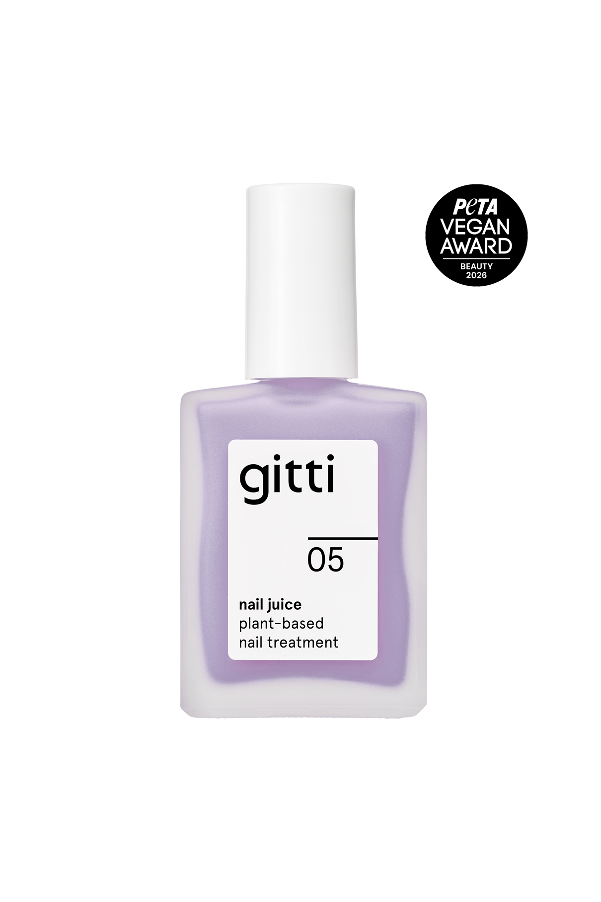gitti Nail Juice No 05 bottle with lavender polish and PETA Vegan Award badge