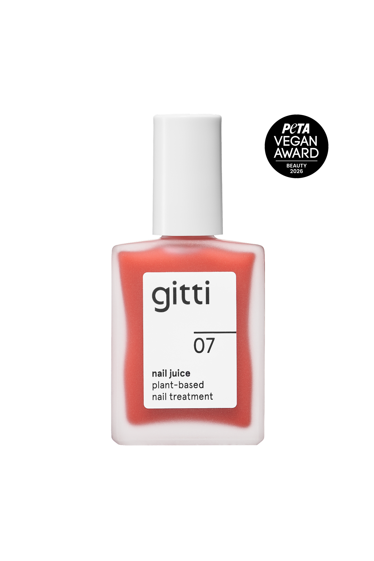 gitti Nail Juice no. 07 coral pink plant-based nail polish in a bottle with white cap and PETA Vegan Award badge