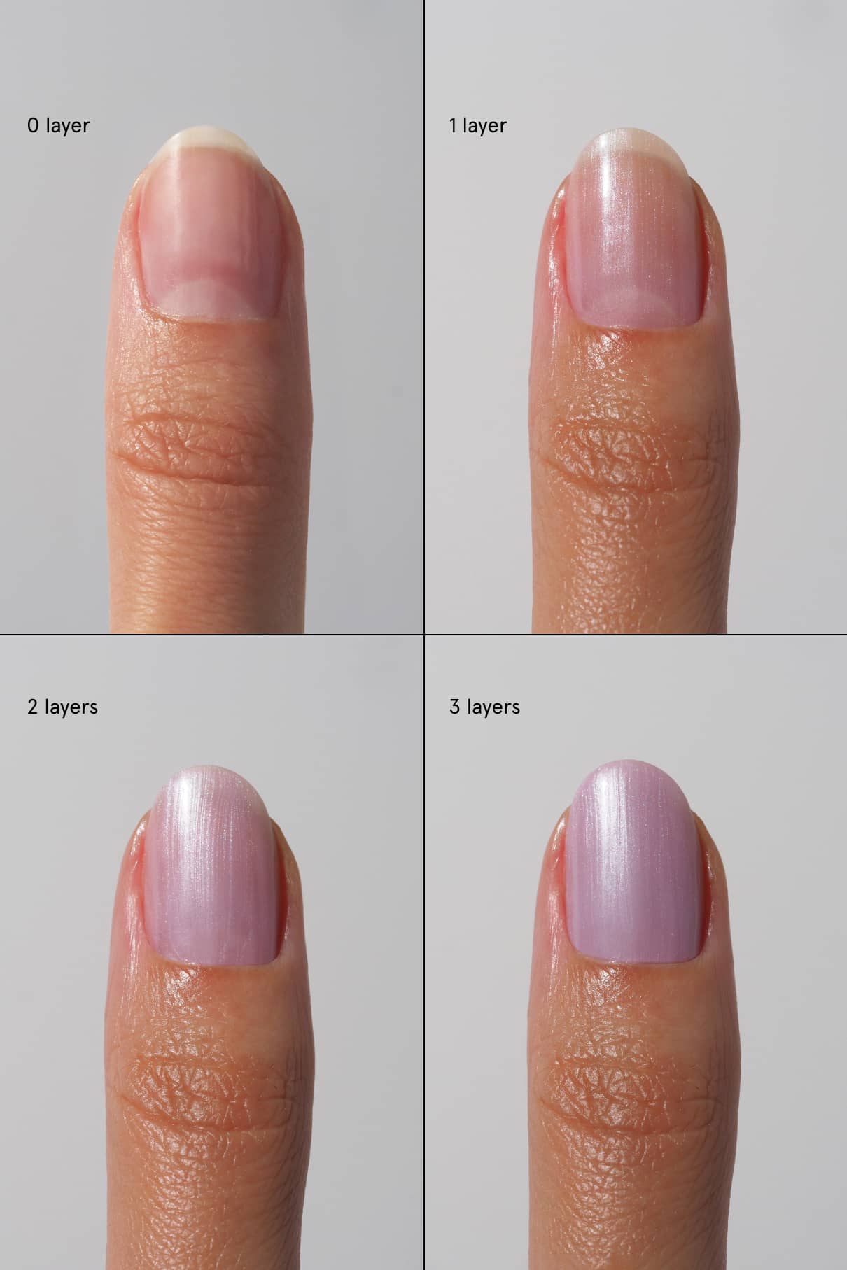 Ein Fingernagel mit 0, 1, 2 und 3 Schichten Skinified Nail Tint 04, angereichert mit Vitamin C, in einem perlmuttrosa Farbton, der mit jeder weiteren Schicht undurchsichtiger wird.