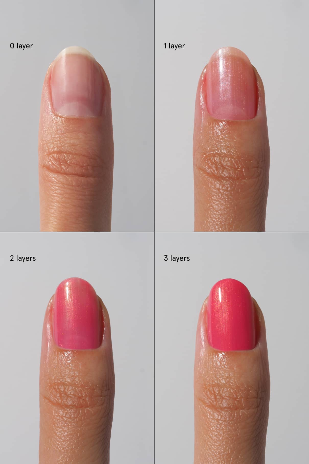 Vier Nahaufnahmen eines Fingernagels zeigen das schrittweise Auftragen von Skinified Nail Tint 05: 0, 1, 2 und 3 Schichten, wobei jedes Bild beschriftet ist, um den allmählichen rosa Tönungseffekt zu zeigen.