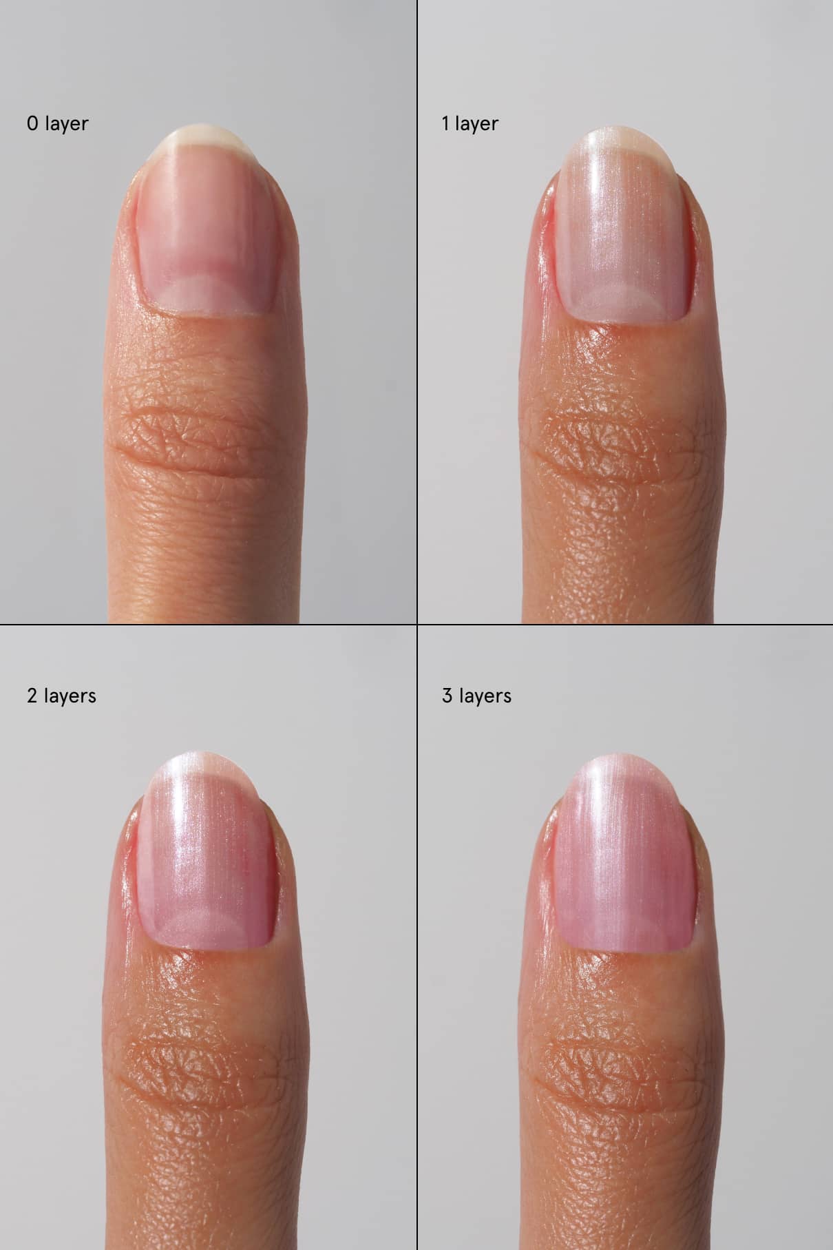Ein Fingernagel wird in vier Stufen (0 bis 3 Schichten) mit zunehmenden Schichten von Skinified Nail Tint 08, angereichert mit Hyaluronsäure, gezeigt, um zu verdeutlichen, wie die Farbintensität mit jeder Schicht zunimmt.