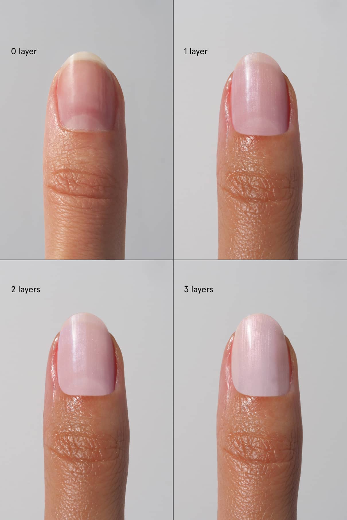 Eine Hand zeigt einen Fingernagel mit 0, 1, 2 und 3 Schichten Skinified Nail Tint 09 in Hellrosa, wobei jeder Abschnitt schrittweise eine höhere Deckkraft und verbesserte Nagelpflege aufweist.