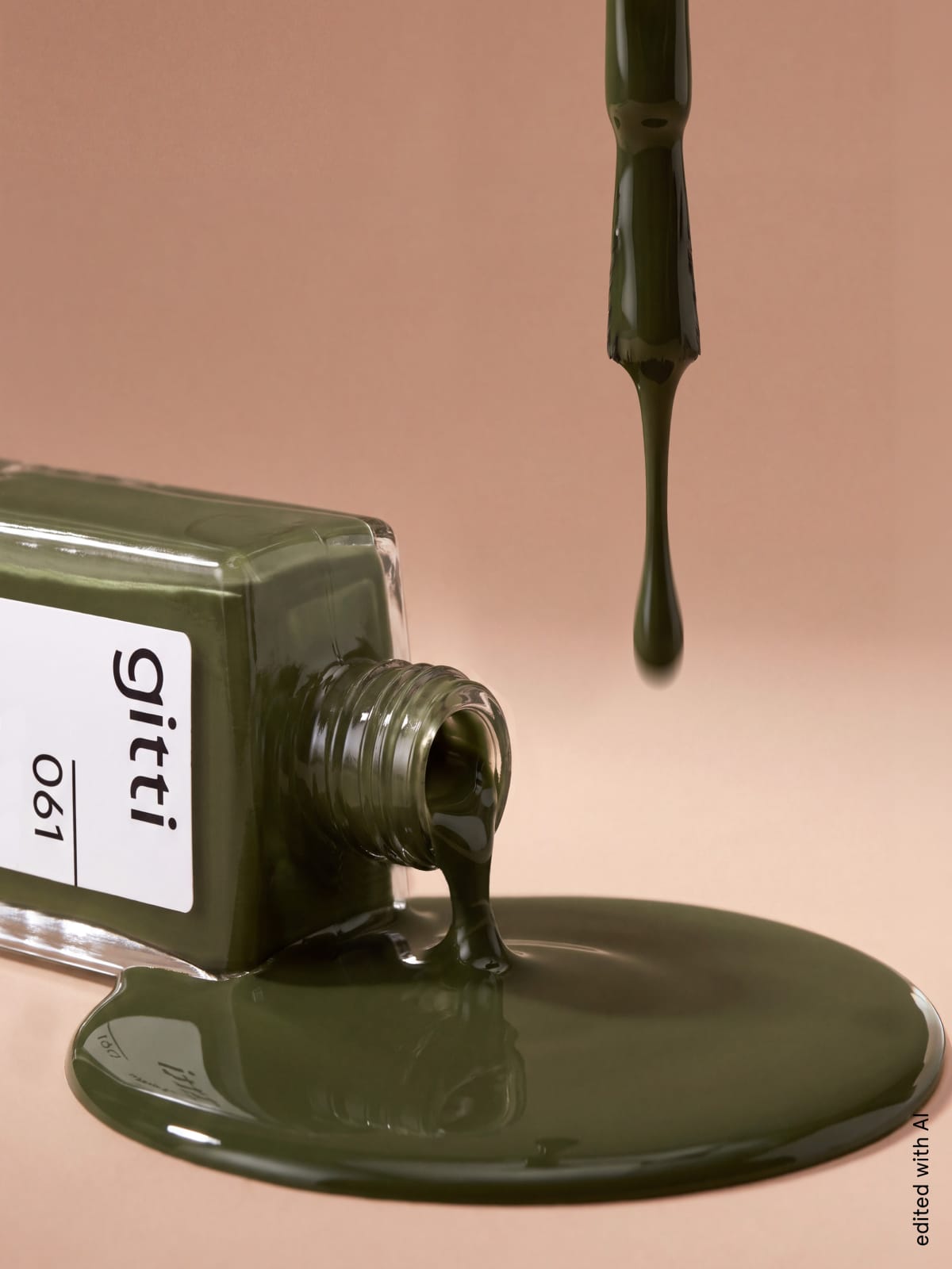 Eine geöffnete Flasche Nagellack der Marke „Gitti Nr. 061“ in dunklem Olivgrün ergießt sich auf eine Oberfläche, während ein Pinsel, von dem Nagellack tropft, darüber schwebt.
