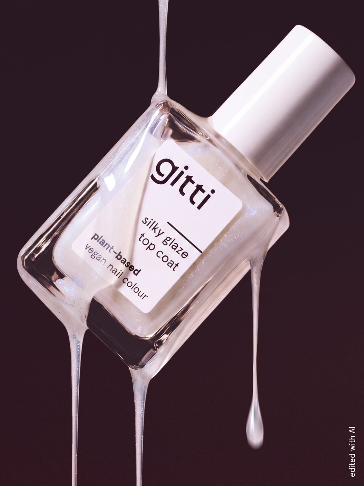 Eine Flasche „Silky Glaze Top Coat“-Nagellack, aus der weiße Flüssigkeit elegant herabtropft und das strahlende Glanzfinish vor einem dunklen Hintergrund besonders zur Geltung bringt.