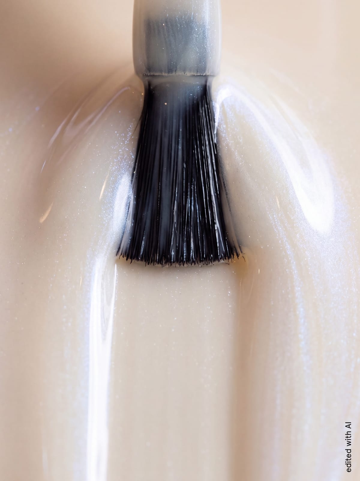 Eine Nahaufnahme eines Pinsels, mit dem „Silky Glaze Top Coat“ – ein hellbeiger Nagellack mit dezentem Glanz-Finish – auf einen Fingernagel aufgetragen wird.