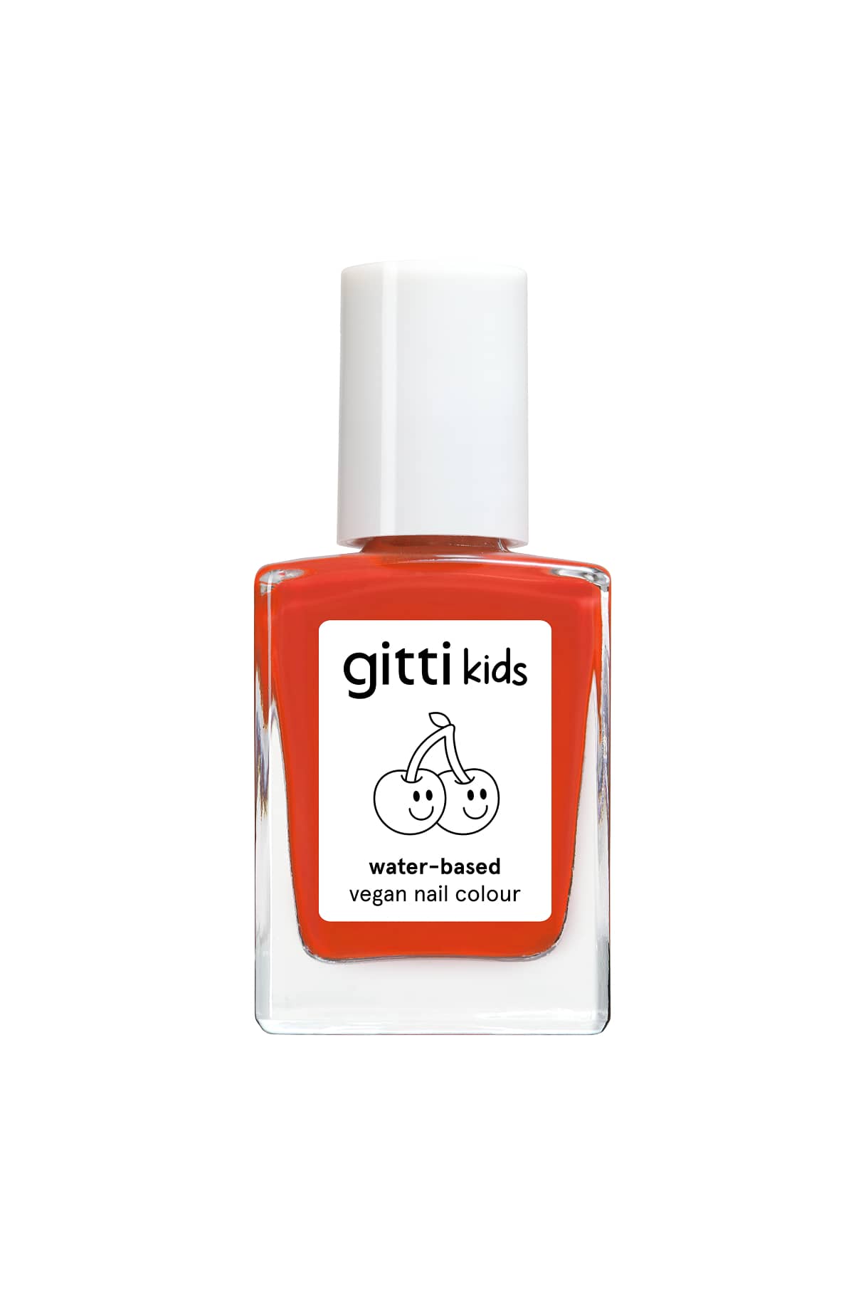 Eine Flasche gitti kids no. 02 auf Wasserbasis, vegane kinderfreundliche Nagelfarbe mit einer Kirschen-Illustration auf dem Etikett.