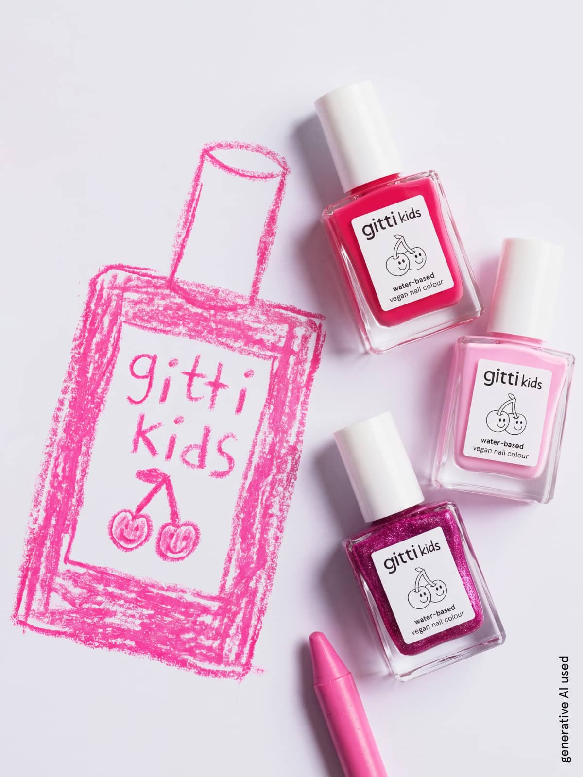 Drei Fläschchen aus dem „Bright Moments“-Set – in den verspielten Farbtönen „Bubble Pink“ und „Sunny Coral“ – sind neben einer mit einem rosa Wachsmalstift gezeichneten Nagellackflasche angeordnet, auf der „gitti kids“ und Kirschen zu sehen sind. Daneben liegt ein rosa Wachsmalstift.