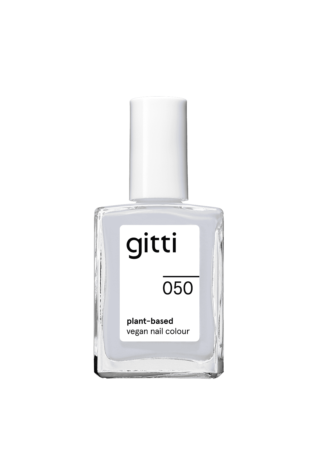 Eine durchsichtige Flasche mit gitti no. 050 pflanzlicher, veganer Nagelfarbe, ein kühler Blauton mit weißer Kappe und Etikett, steht auf einem schlichten, hellen Hintergrund.