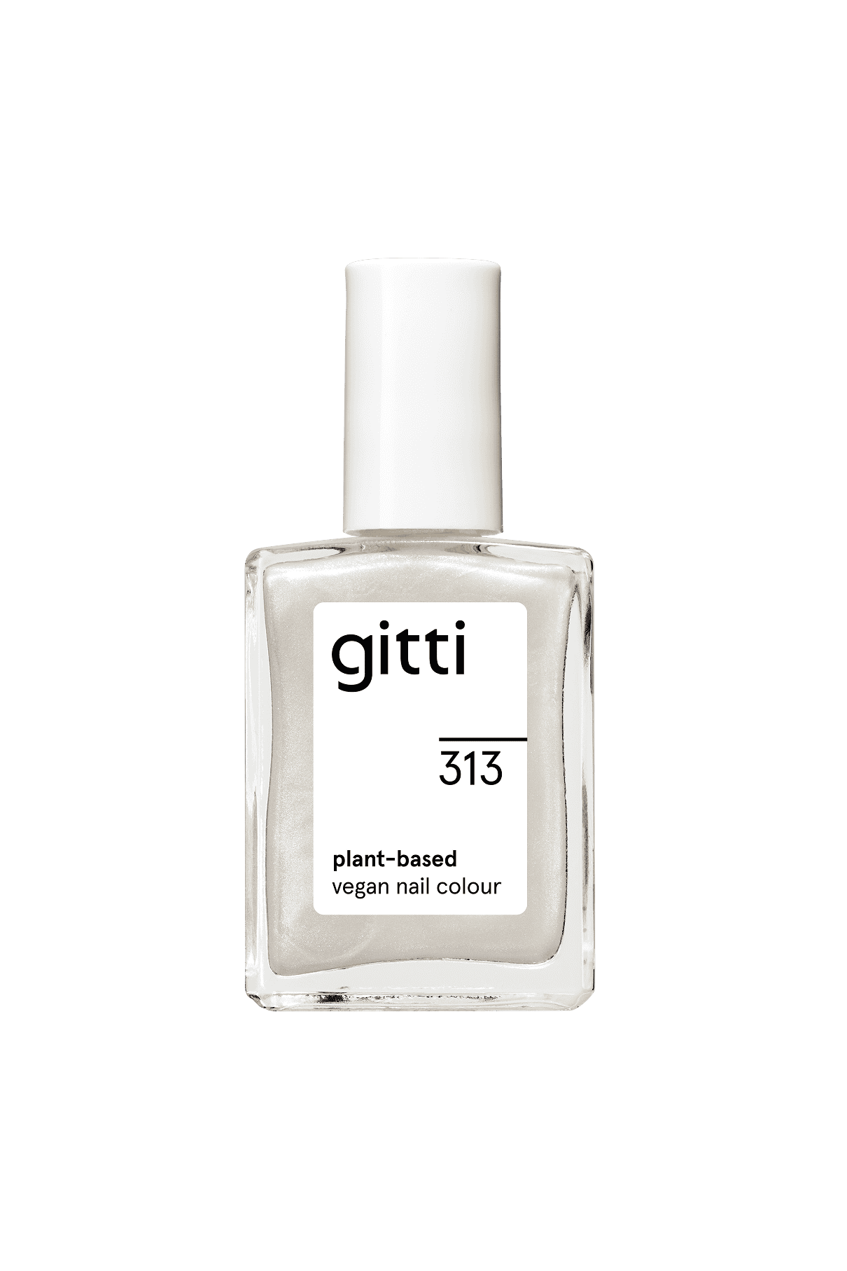 Eine klare Flasche gitti no. 313 pflanzliche, vegane Nagelfarbe mit weißer Kappe und minimalistischem Etikett auf schlichtem Hintergrund - ideal, um den neuesten Pearl Nails Trend-Look zu kreieren.