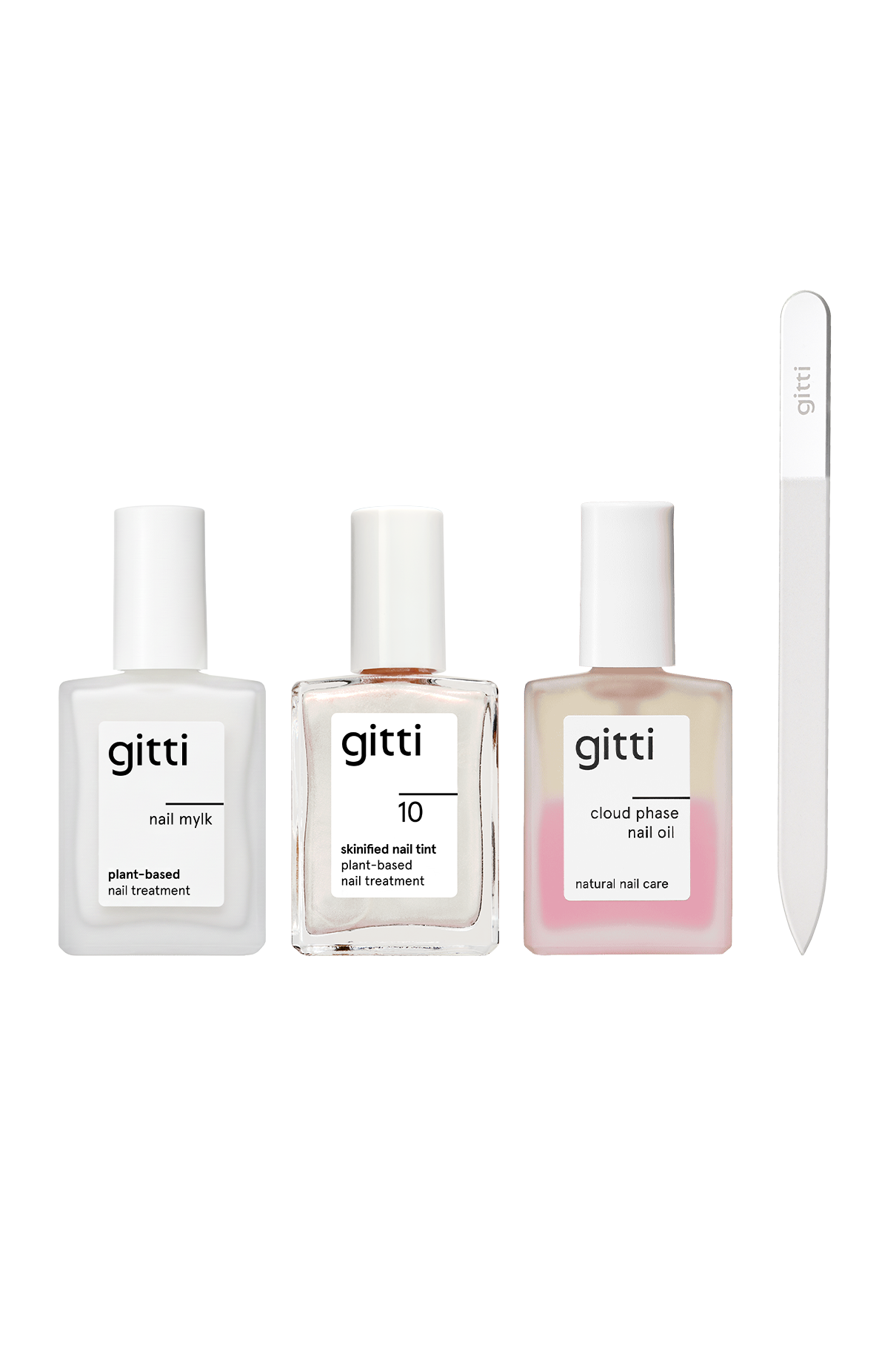 Das Cloud Nail Essentials Set enthält drei gitti Pflegelacke - Nagelmylk, 10, Cloud Phase Nagelöl - und eine schlichte weiße Glasfeile und ist damit das perfekte Maniküre-Set für gesunde, schöne Nägel.