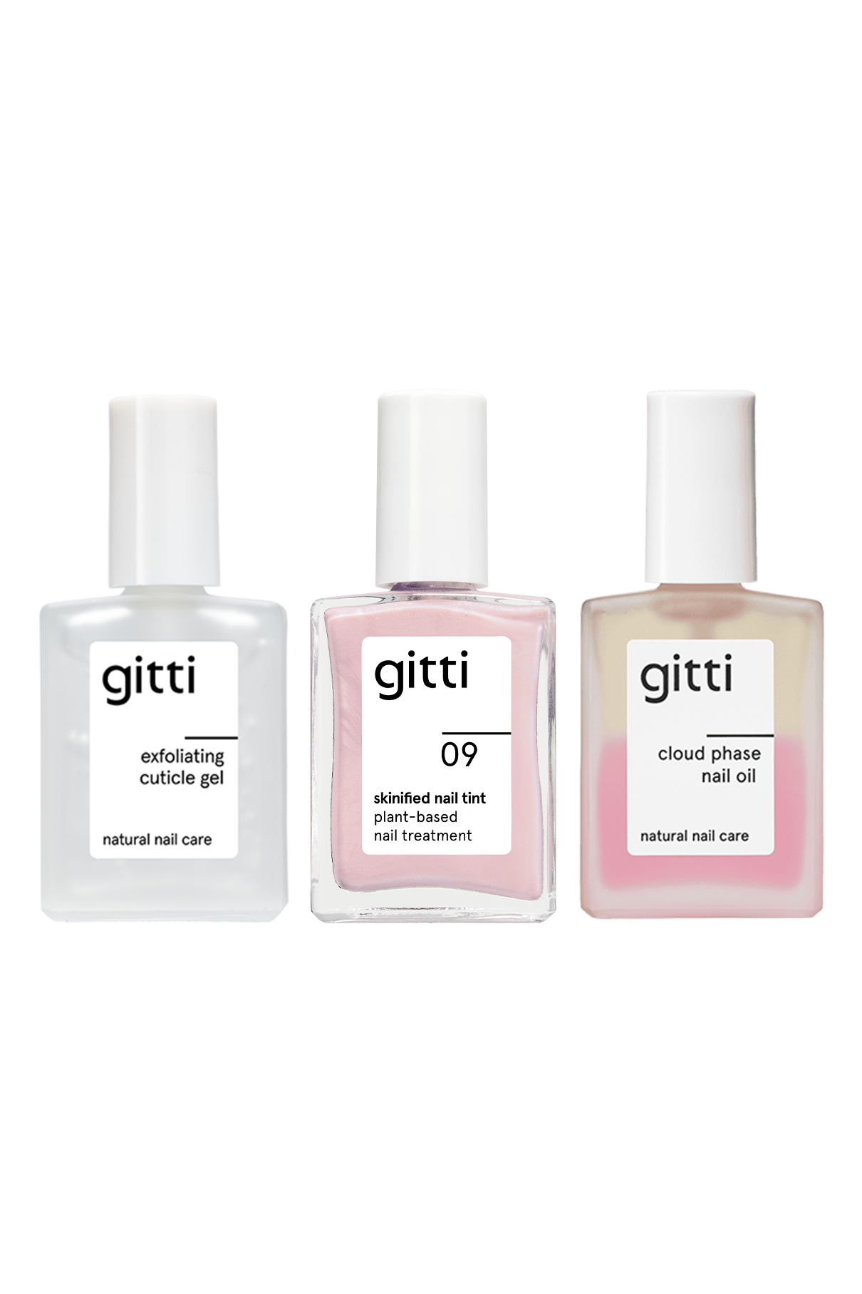 Drei durchsichtige Nagelpflegeflaschen aus der Nail Revive Routine von gitti - Peeling Cuticle Gel, 09 Pflegelack Skinified Nail Tint und Cloud Phase Nail Oil - sind nebeneinander angeordnet.