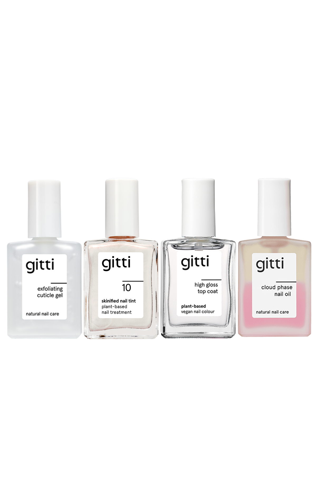 Vier Fläschchen aus der Revive & Gloss Routine sind in einer Reihe auf weißem Hintergrund angeordnet: Exfoliating Cuticle Gel, Cloud Phase Nail Oil, High Gloss Top Coat und ein Nageltint - jedes ist für seine spezifische Anwendung beschriftet.
