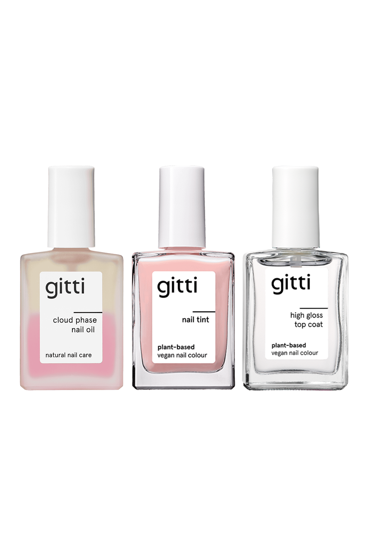 Die „Treat & Gloss“-Pflegeserie – ein Set aus drei gitti-Nagelpflegeprodukten, bestehend aus dem „Cloud Phase“-Nagelöl für intensive Pflege, einem pflegenden „Nail Tint“ und einem „Gel-Look High Gloss“-Überlack, die alle mit eleganten weißen Verschlusskappen versehen sind – wird vor einem schlichten weißen Hintergrund präsentiert.