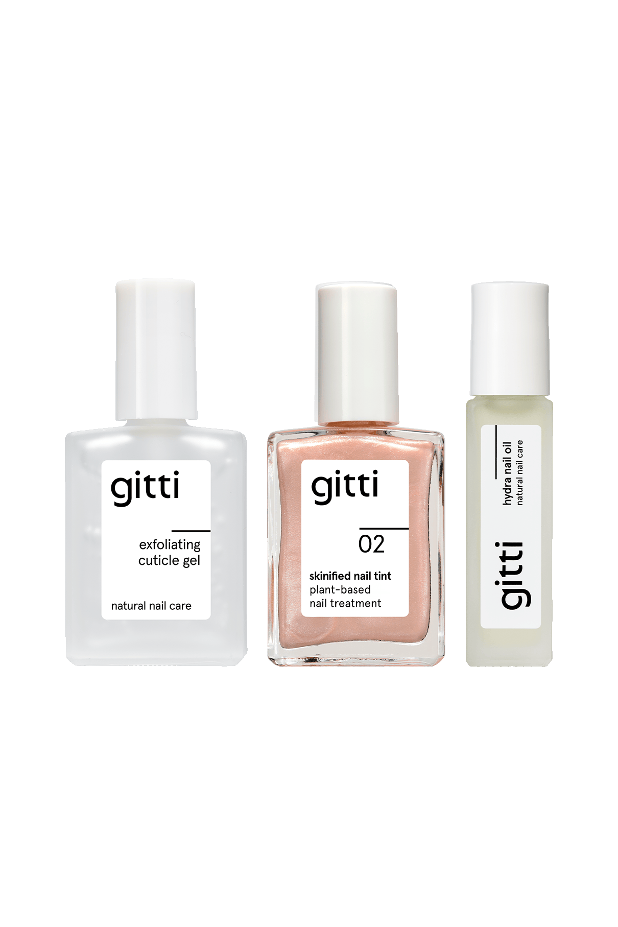 Das Treatment Starter S enthält drei gitti-Nagelpflege-Essentials - Peeling-Häutchen-Gel, 02 Skinified Nail Tint und Hydrating Oil - in klaren Flaschen mit weißem Deckel und Etikett, perfekt für brüchige Nägel.