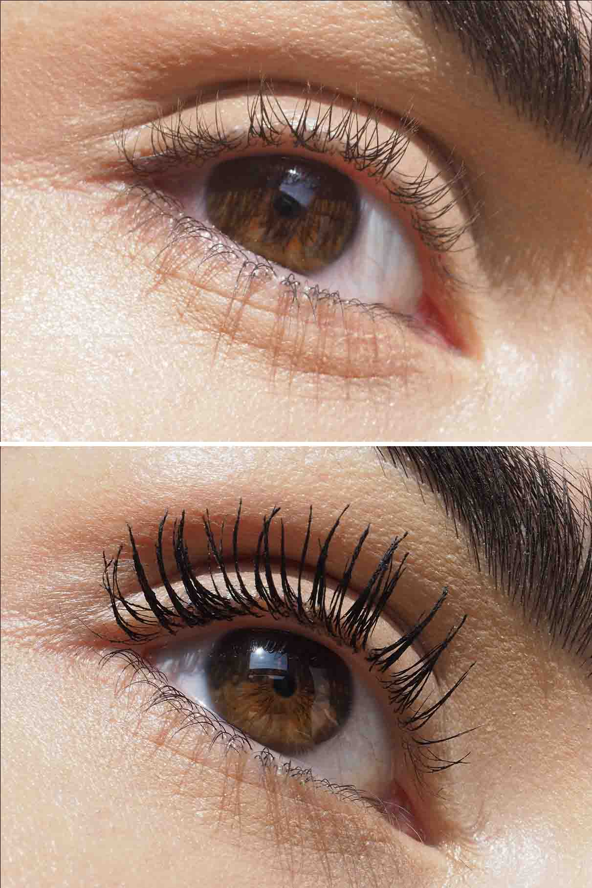 Nahaufnahme eines braunen Auges in zwei Bildern: oben ohne Mascara und unten nach dem Auftragen von Lash Duo Mascara auf die Wimpern.