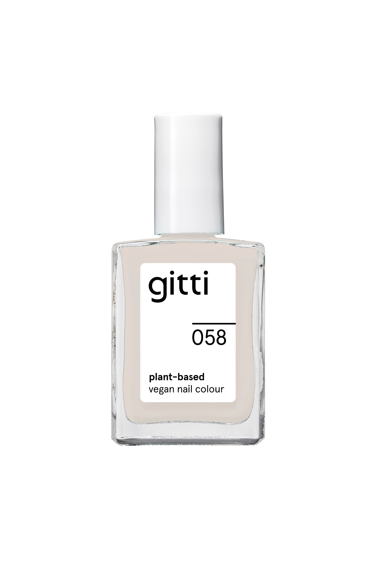 Eine durchsichtige Flasche mit dem pflanzlichen, veganen Nagellack „Gitti Nr. 058“, versehen mit einem weißen Verschluss und dezenter schwarzer Beschriftung auf dem Etikett. Dieses sandige Off-White sorgt mit seinem wärmeren Farbton für einen eleganten Look.