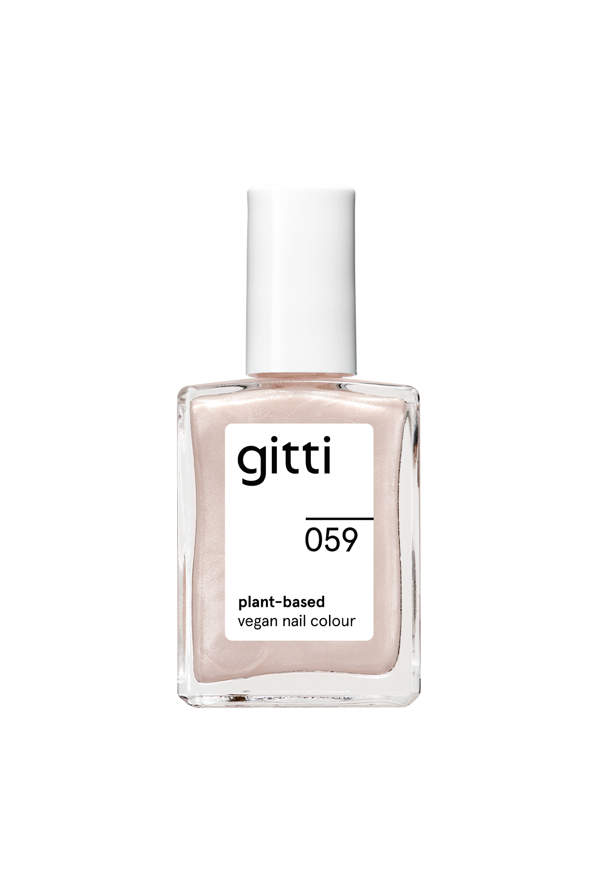 Eine Flasche „Gitti Nr. 059“, ein pflanzlicher, veganer Nagellack in einem strahlenden Rosaton mit dezentem Schimmer, abgebildet mit weißem Verschluss vor einem einfarbigen Hintergrund.