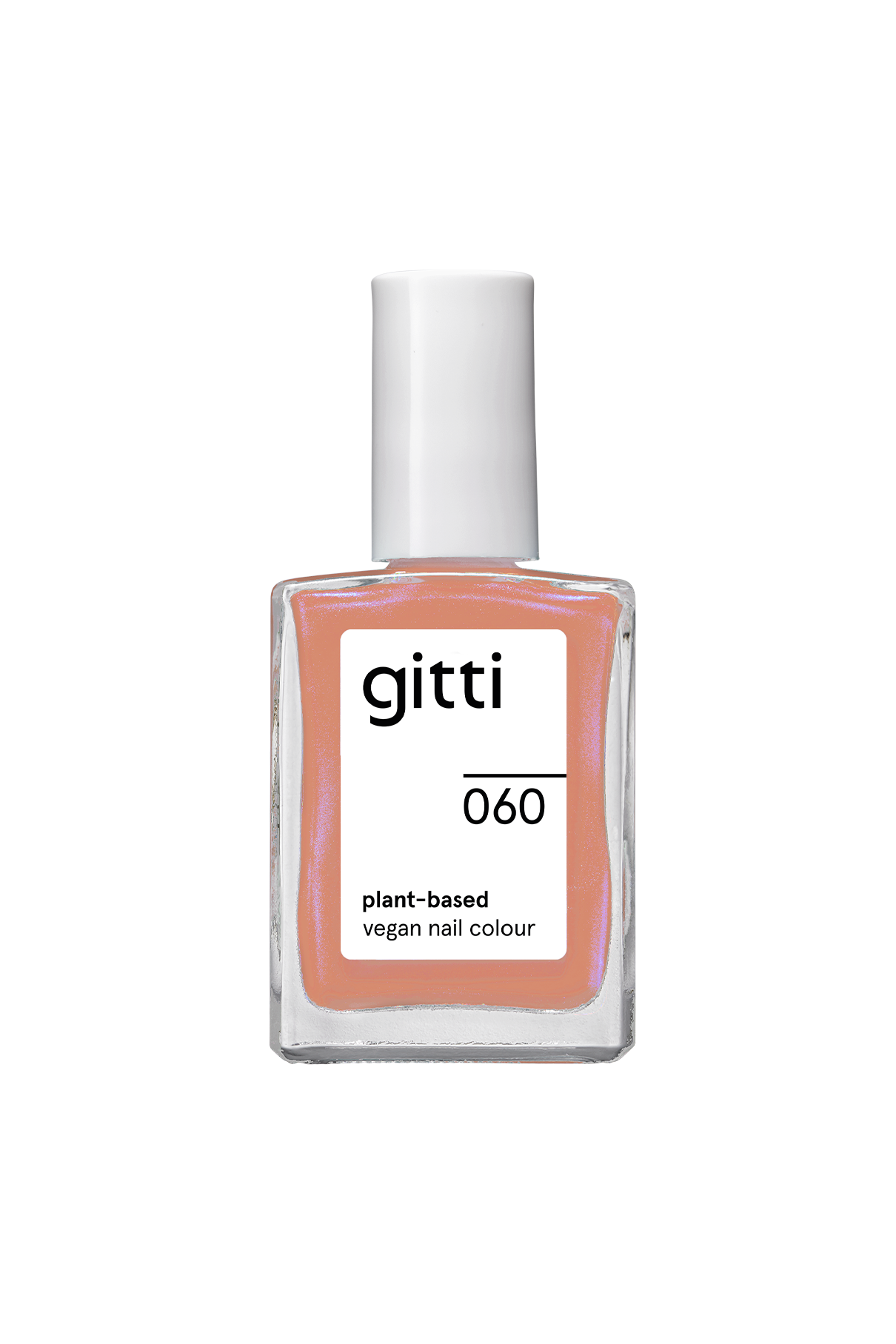 Eine Flasche des pflanzlichen, veganen Nagellacks „Gitti Nr. 060“ in einem pfirsichrosa Farbton mit weißem Verschluss, präsentiert vor einem schlichten weißen Hintergrund. Der durchscheinende Farbton „Apricotton“ verleiht den Nägeln einen frischen Glanz und lässt sie mit einem kühlen Schimmer strahlen.