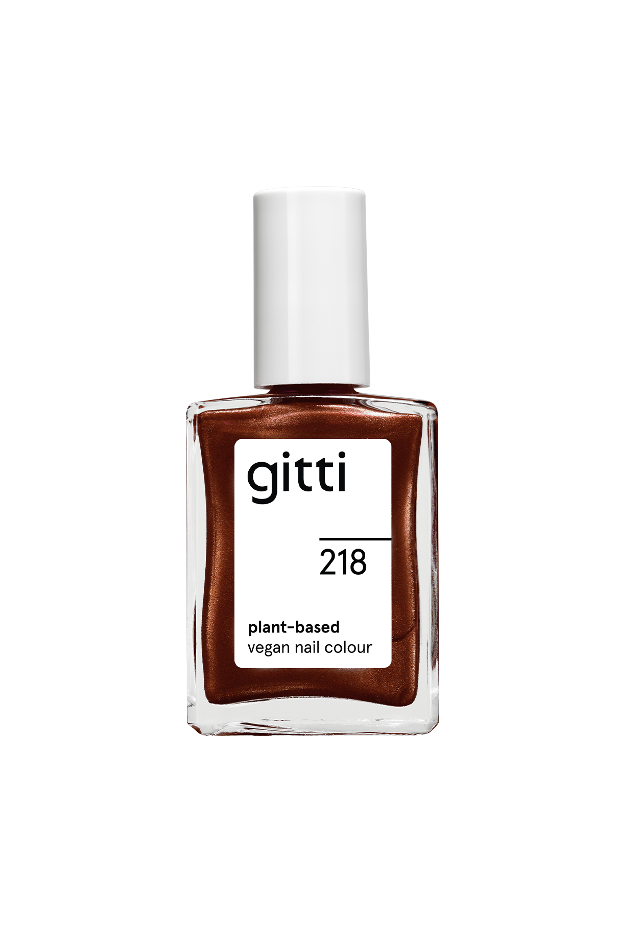 Eine Flasche „Gitti Nr. 218“, ein pflanzlicher, veganer Nagellack in der Farbe „Schokoladenbraun“ – ein metallischer Braunton mit metallischem Finish und hoher Farbtiefe – mit weißem Verschluss und Etikett.