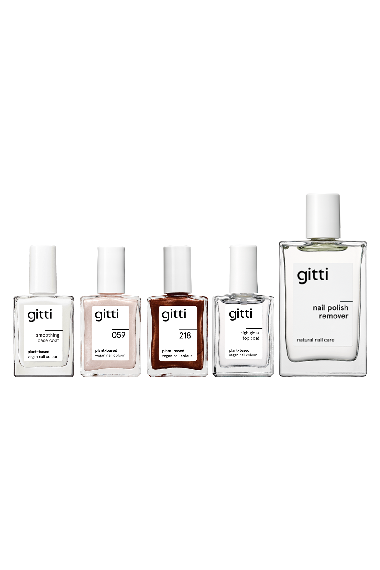 Fünf Nagelpflegeprodukte aus dem „gitti All-in-One-Set“ in durchsichtigen Flaschen – darunter vier Nagelfarben auf pflanzlicher Basis mit weißen Verschlüssen und eine größere Flasche Nagellackentferner – sind vor einem weißen Hintergrund zu sehen. Dieses Set eignet sich perfekt für Ihre Maniküre-Routine und lässt sich ideal mit Ihrem bevorzugten Top Coat oder Base Coat kombinieren.