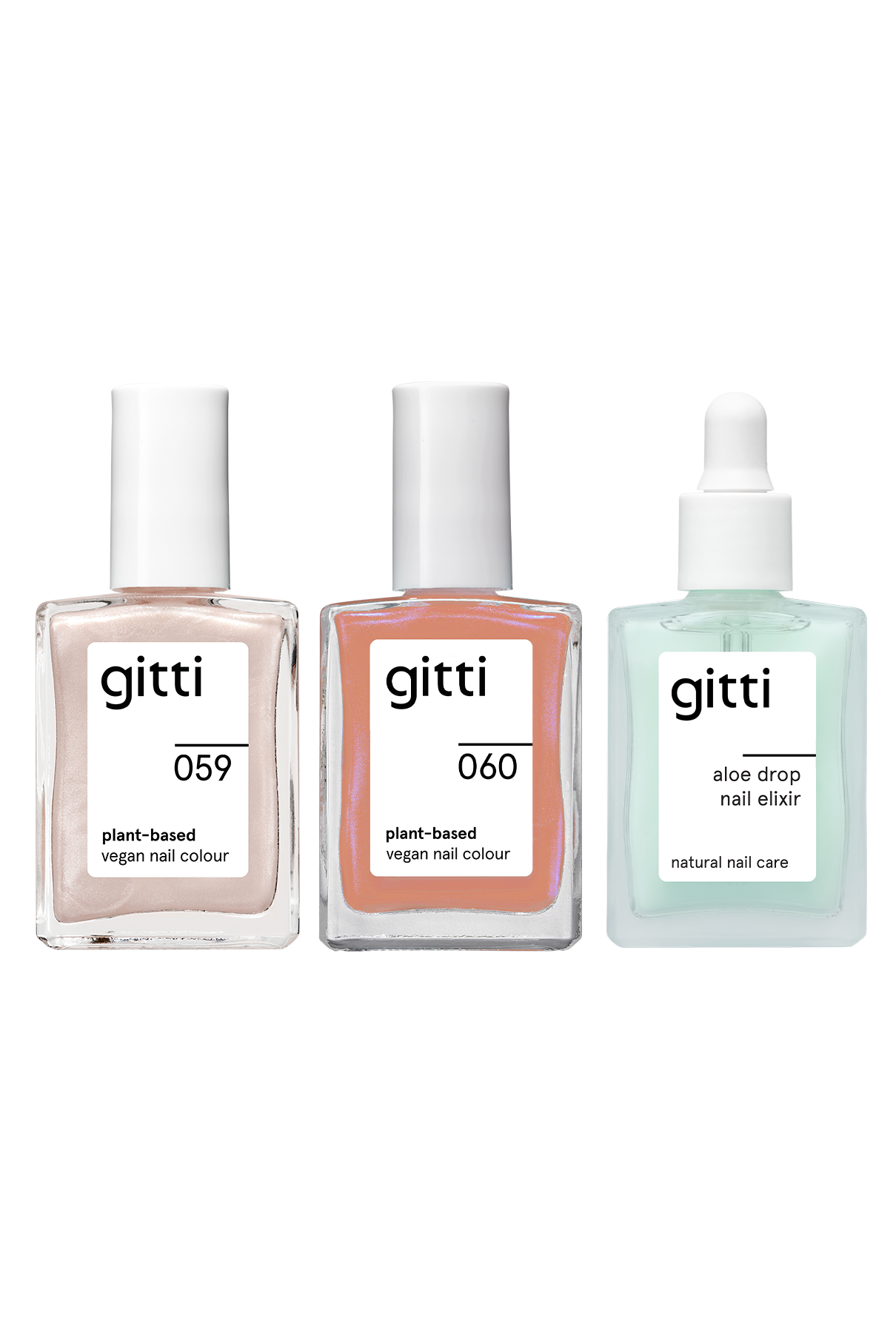 Das „Colour & Concentrate Trio“ von Gitti, bestehend aus zwei pflanzenbasierten, veganen Nagellacken in den Farben Hellrosa und Pfirsich sowie einem „Aloe Drop Nail Concentrate“-Elixier in einer Tropfflasche, alles vor weißem Hintergrund präsentiert.