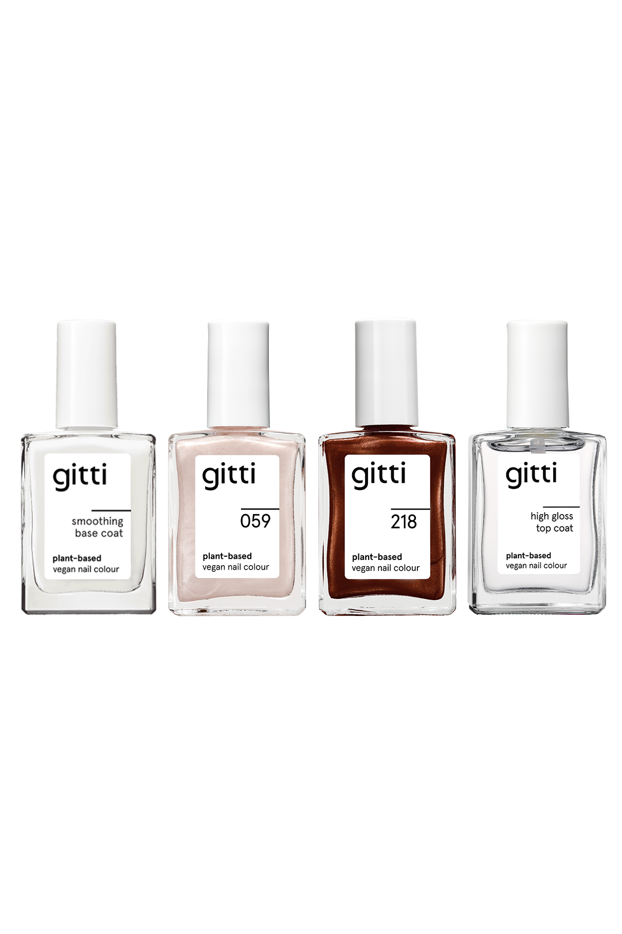 Vier Flaschen aus dem gitti Discovery Kit – Smoothing Base Coat, Farbton 059, Farbton 218 (pflanzliche Nagelfarbe) und High Gloss Top Coat – sind nebeneinander auf einem weißen Hintergrund angeordnet.