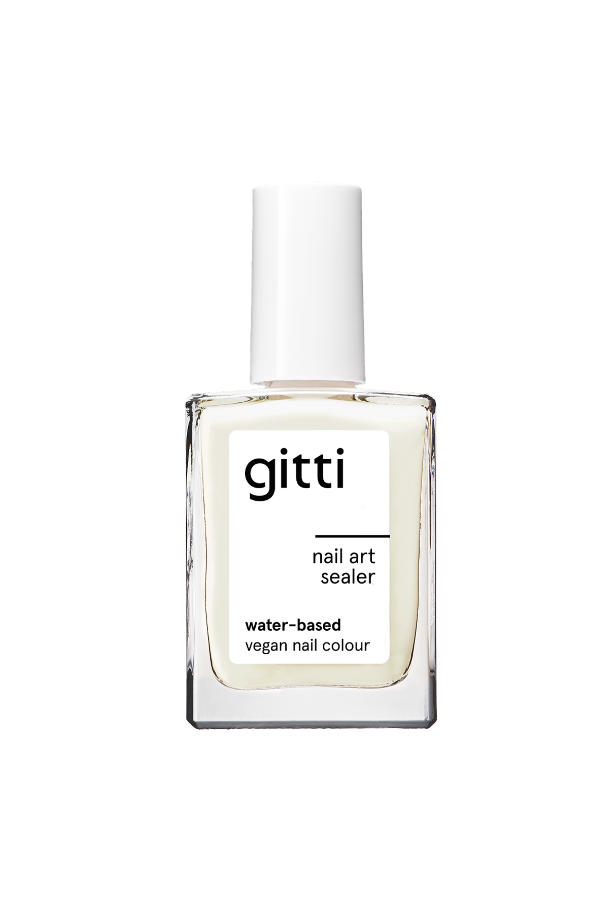 Eine Flasche „Nail Art Sealer“ mit weißem Verschluss, die als wasserbasierter und veganer Nagellack gekennzeichnet ist, schützt das Design und wertet Ihre Maniküre auf. Sie ist vor einem schlichten weißen Hintergrund abgebildet.