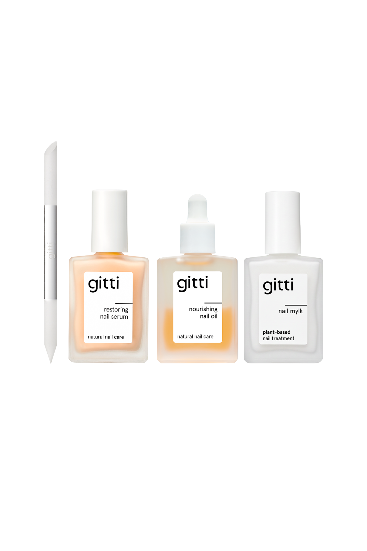 Die „Nail Rescue Routine“ ist ein vierteiliges Set, bestehend aus einem Nagelhautschieber, einem regenerierenden Nagelserum, einem veganen Keratin-Nagelöl und einer Nagelmilch – alle Produkte stammen von der Marke „gitti“.