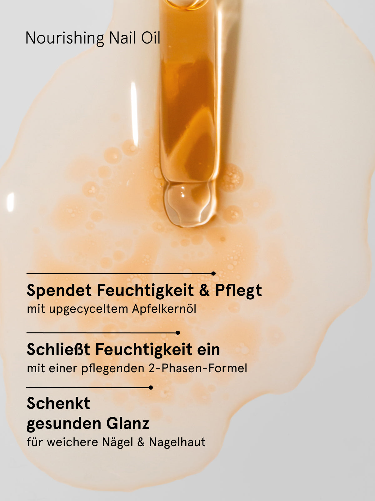 Ein Tropfer mit hellorangefarbenem Nail Recovery Starter Treatment auf einer glatten Oberfläche, überlagert mit deutschem Text, der stärkere Nägel für intensive Pflege und tief feuchtigkeitsspendende, nährende Vorteile hervorhebt.