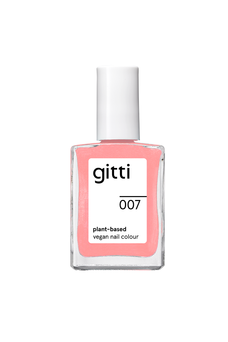 Eine Flasche gitti no. 007, eine pflanzliche vegane Nagelfarbe in leuchtendes Pink mit weißer Kappe.