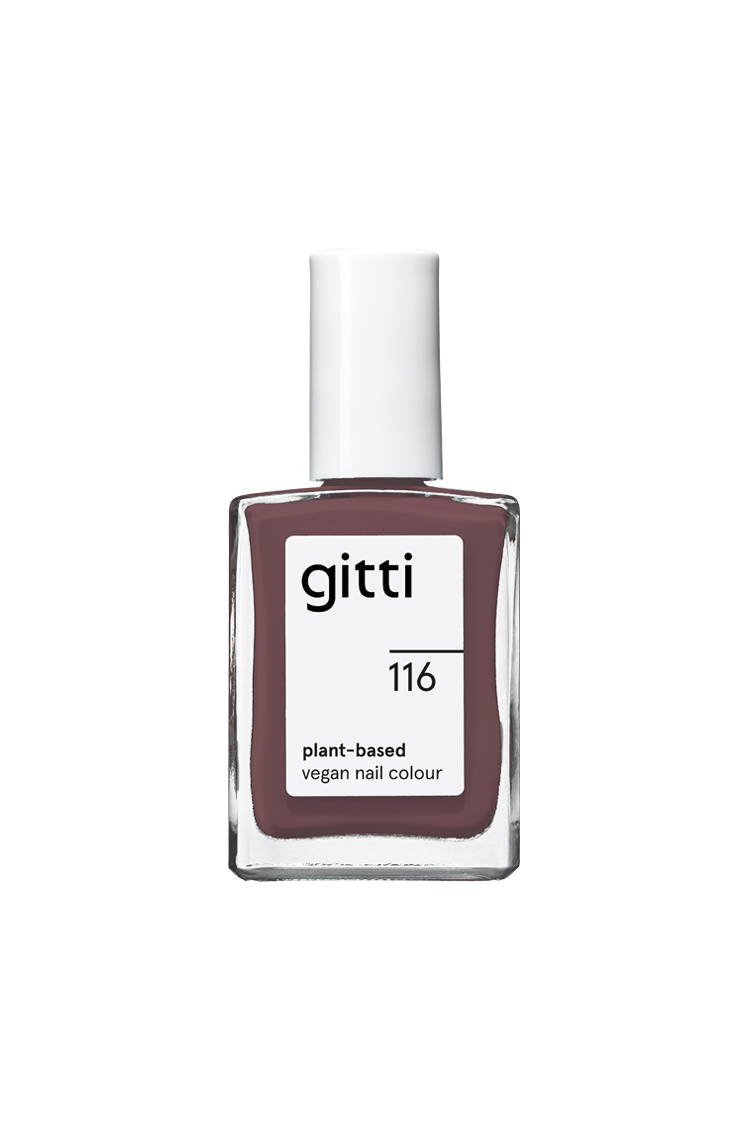 Eine Flasche mit gitti no. 116 pflanzliche vegane Nagelfarbe in einem kühlen Braunton mit violettem Unterton, mit weißer Kappe und minimalistischem Etikettendesign.