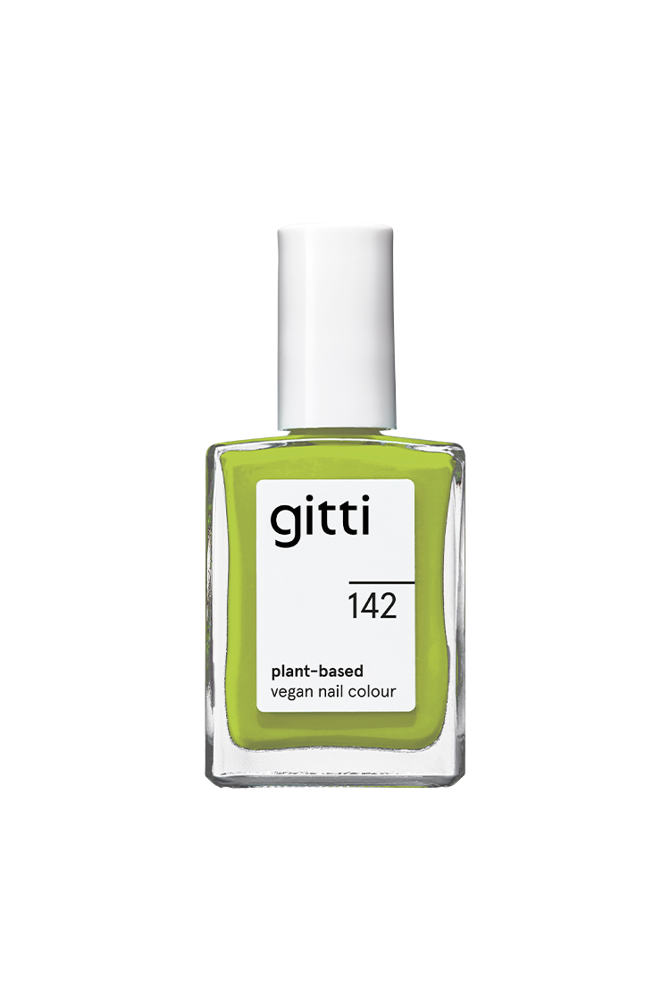 Eine Flasche gitti no. 142 pflanzliche vegane Nagelfarbe in frischem Gelbgrün mit weißer Kappe.