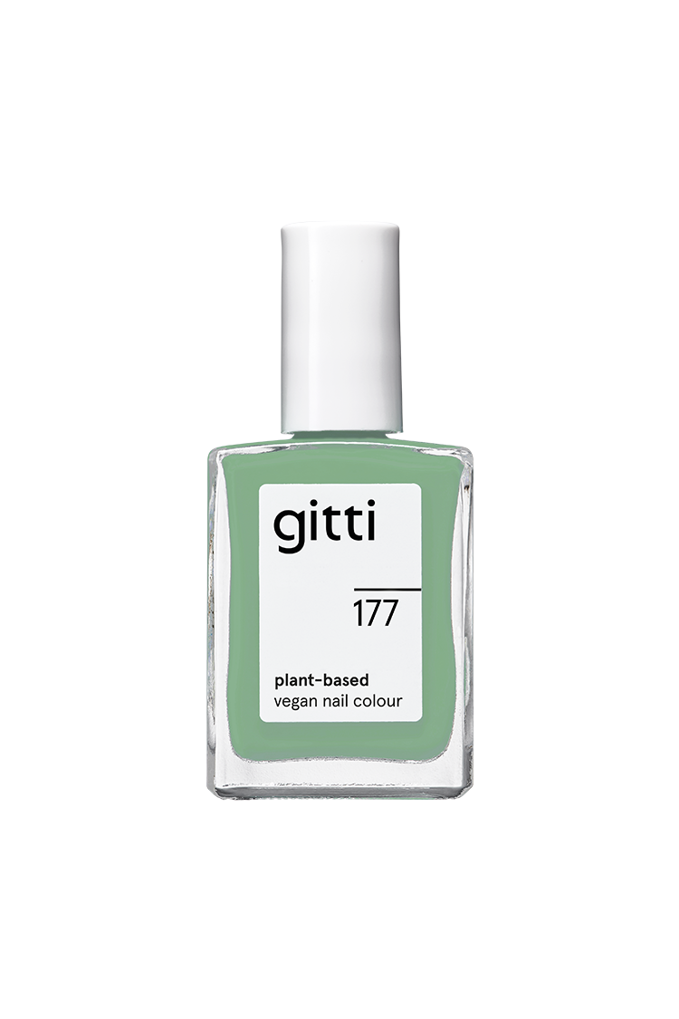 Eine Flasche gitti no. 177 pflanzlicher veganer Nagellack in einem zarten Jadegrünton mit weißer Kappe.