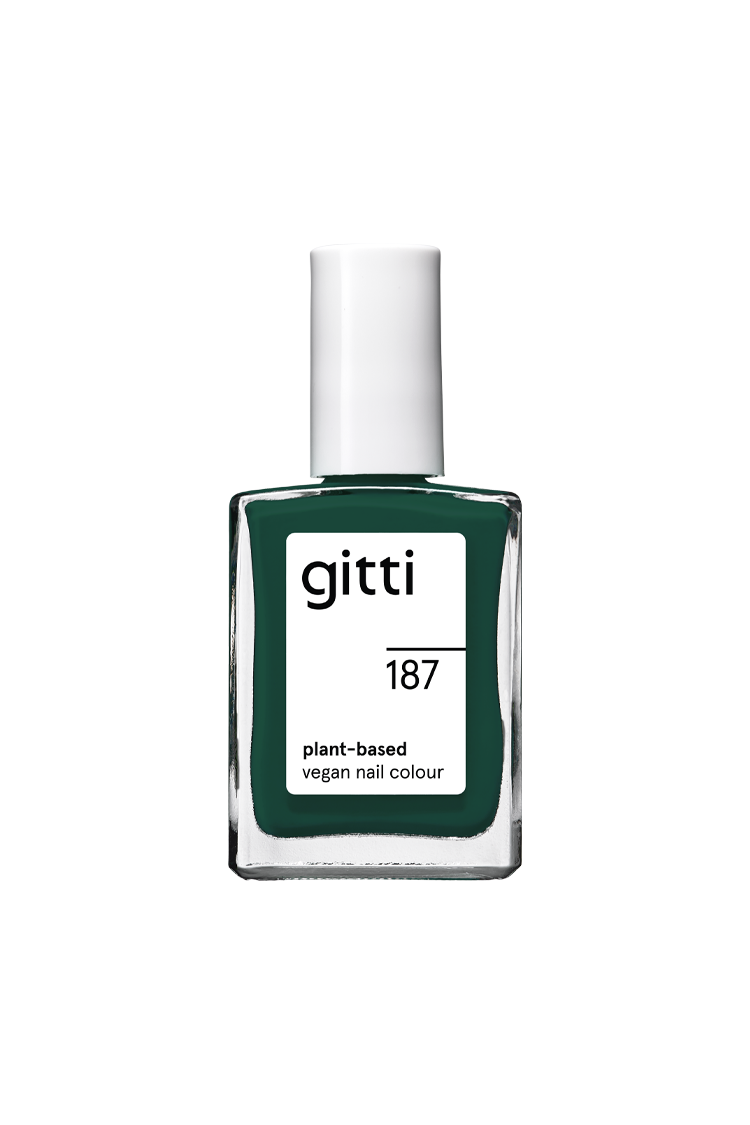 Eine Flasche gitti no. 187 pflanzliche vegane Nagelfarbe in einem intensiven Smaragdgrün-Ton mit weißer Kappe.