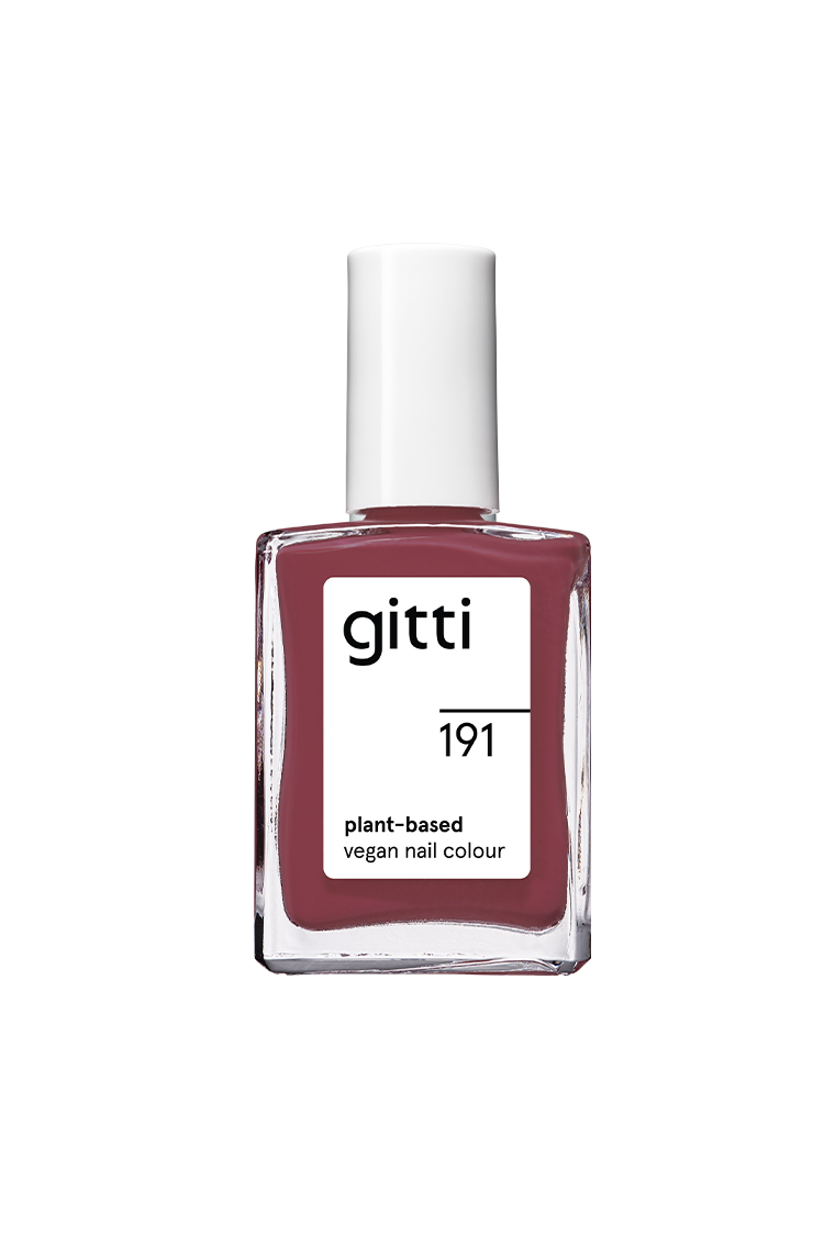 Eine Flasche gitti no. 191 pflanzlicher veganer Nagellack in gedecktem Rot Beerenrosa, mit einer rechteckigen Glasflasche und weißer Kappe.