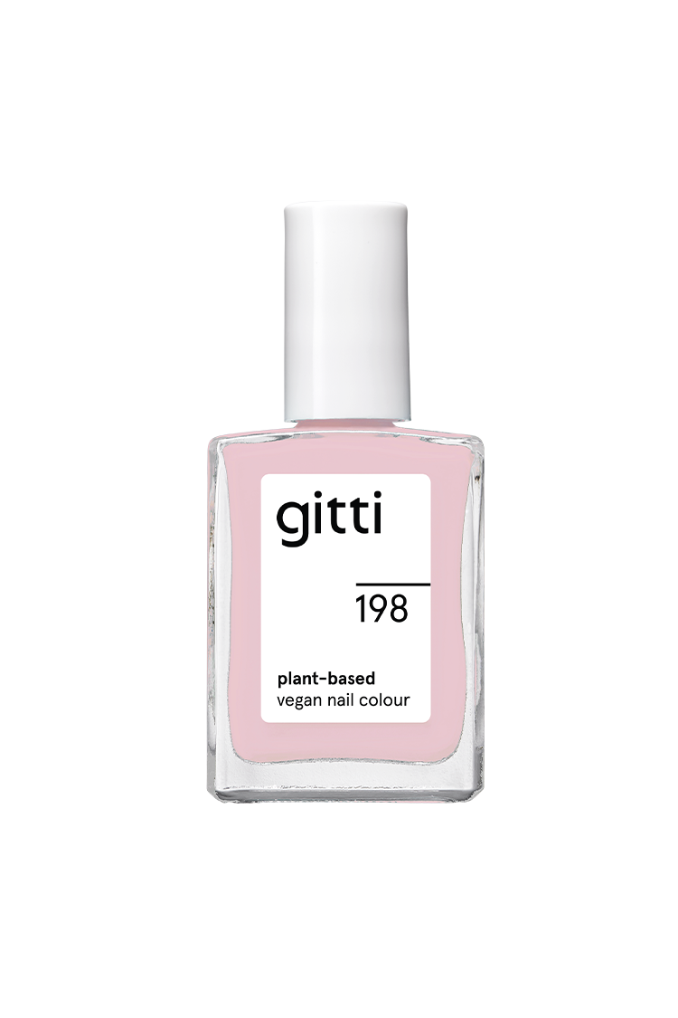Eine Flasche gitti no. 198 pflanzliche vegane Nagelfarbe in einem kühlen Rosaton mit weißer Kappe.