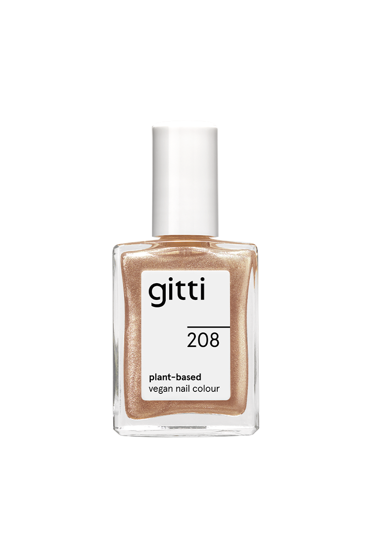Eine klare Glasflasche mit gitti no. 208 pflanzliche vegane Nagelfarbe in einem schimmernden Gold-Champagner-Ton mit weißem Verschluss und Etikett.