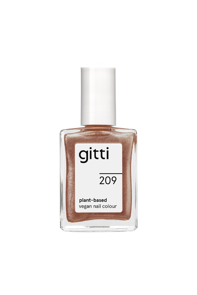 Eine Flasche gitti no. 209 pflanzliche vegane Nagelfarbe mit weißer Kappe und sichtbarem Roségoldlack.
