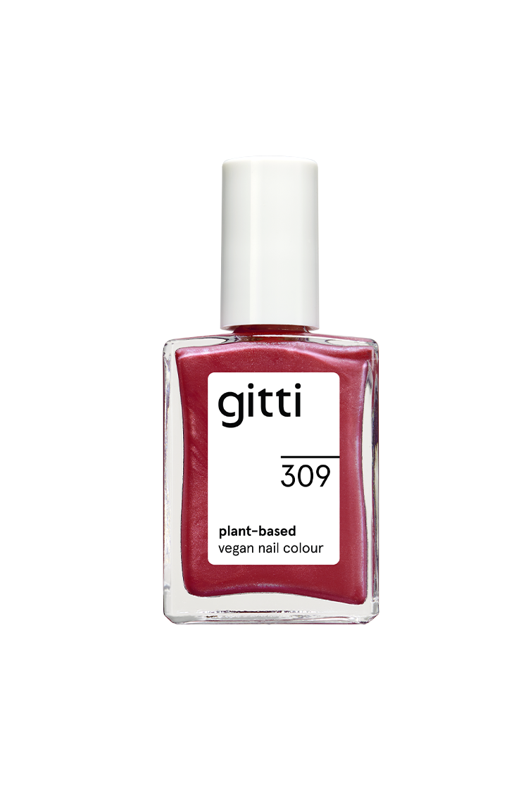 Eine Flasche von gitti no. 309, eine vegane Nagelfarbe auf pflanzlicher Basis, wird in einem rechteckigen Glasbehälter mit weißem Deckel geliefert und ist mit tiefem rötlich-rosa Lack gefüllt.