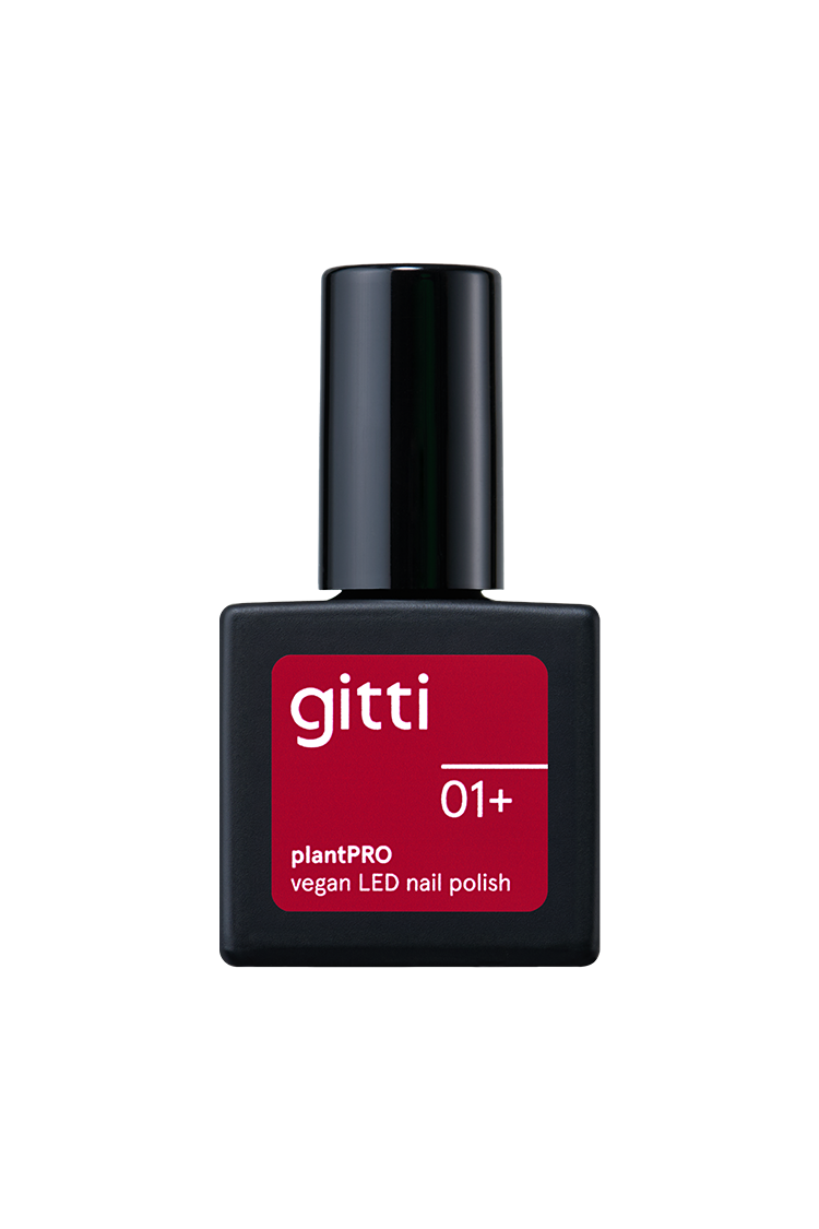 Eine Flasche gitti no. 01+ plantPRO vegan LED-Nagellack hat eine schwarze Kappe, ein rotes Etikett auf der Vorderseite und zeigt einen intensiv roten Farbton.