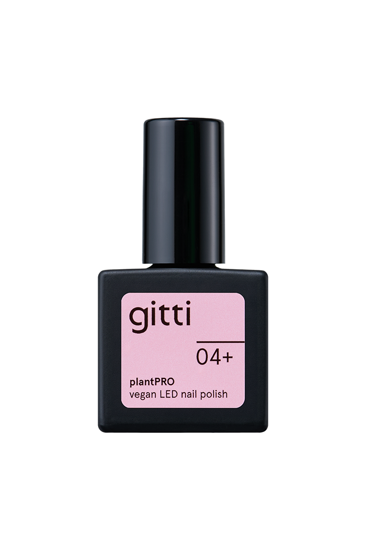 Eine Flasche gitti no. 04+ plantPRO veganer LED-Nagellack mit schwarzer Kappe und rosa Etikett in einem zarten Rosaton für einen zarten, modernen Look.