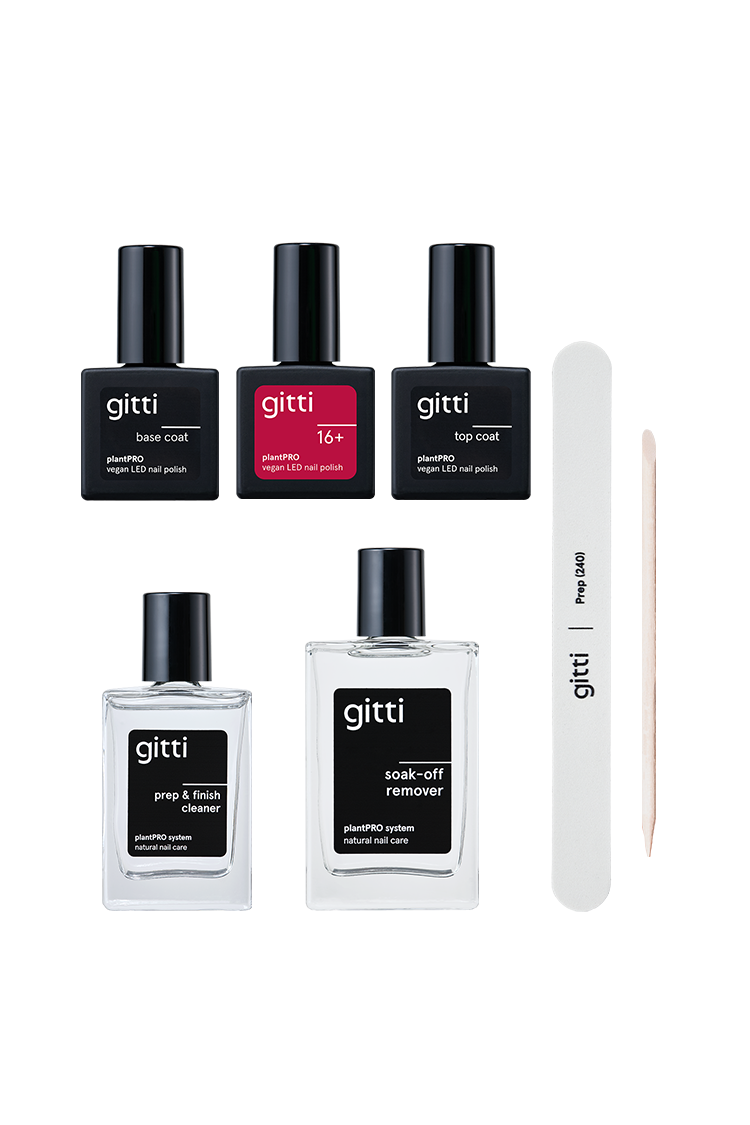 Das plantPRO Essentials Set enthält Base Coat, Top Coat, Nagellack, Prep & Finish Cleaner, Soak-off Remover, eine Nagelfeile und ein Holzstäbchen für die Nagelhaut - alles fachmännisch mit "gitti" beschriftet.
